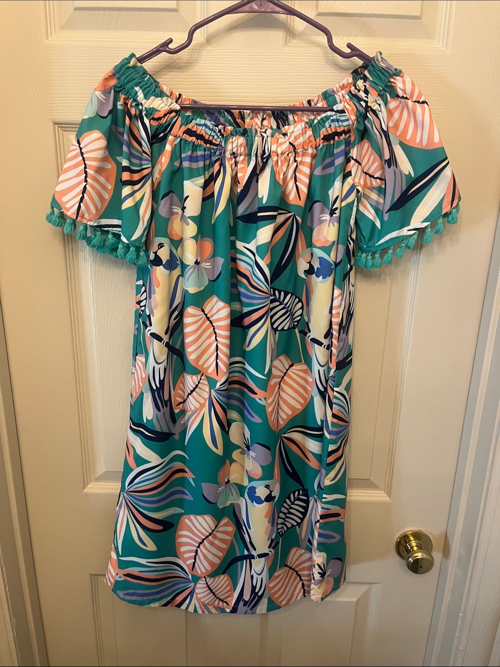Jade One-Shoulder Tropical Leaf Dress in Teal and Peach
